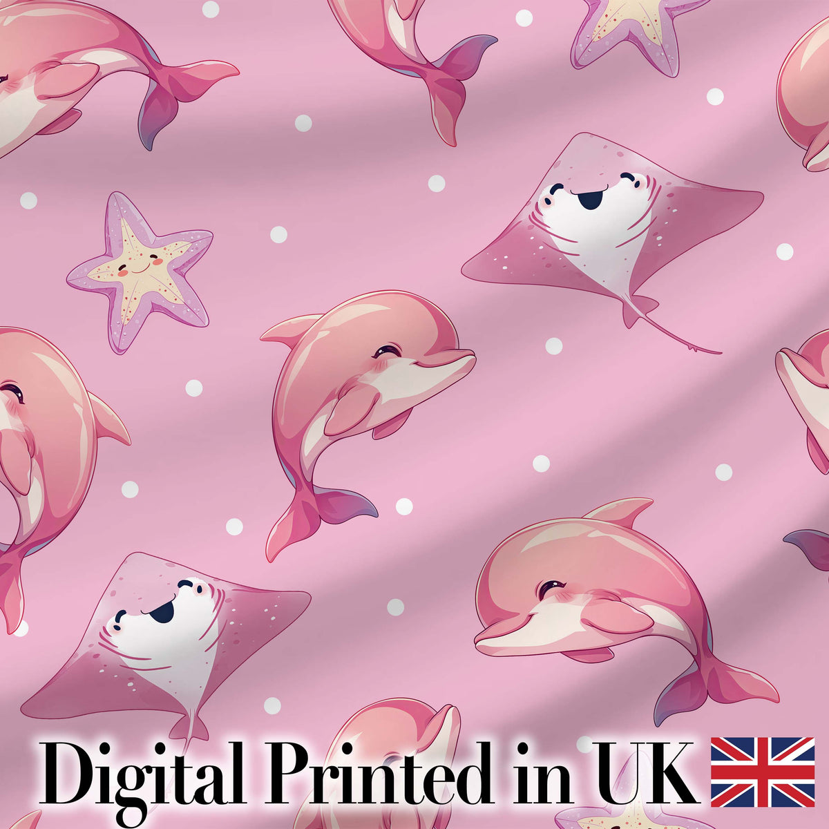 Pink Dolphin Stingray Starfish Ocean Creatures Light Pink Polka Dot Background Digital Print Fabric by the Metre UK Sewing Quilting Textile