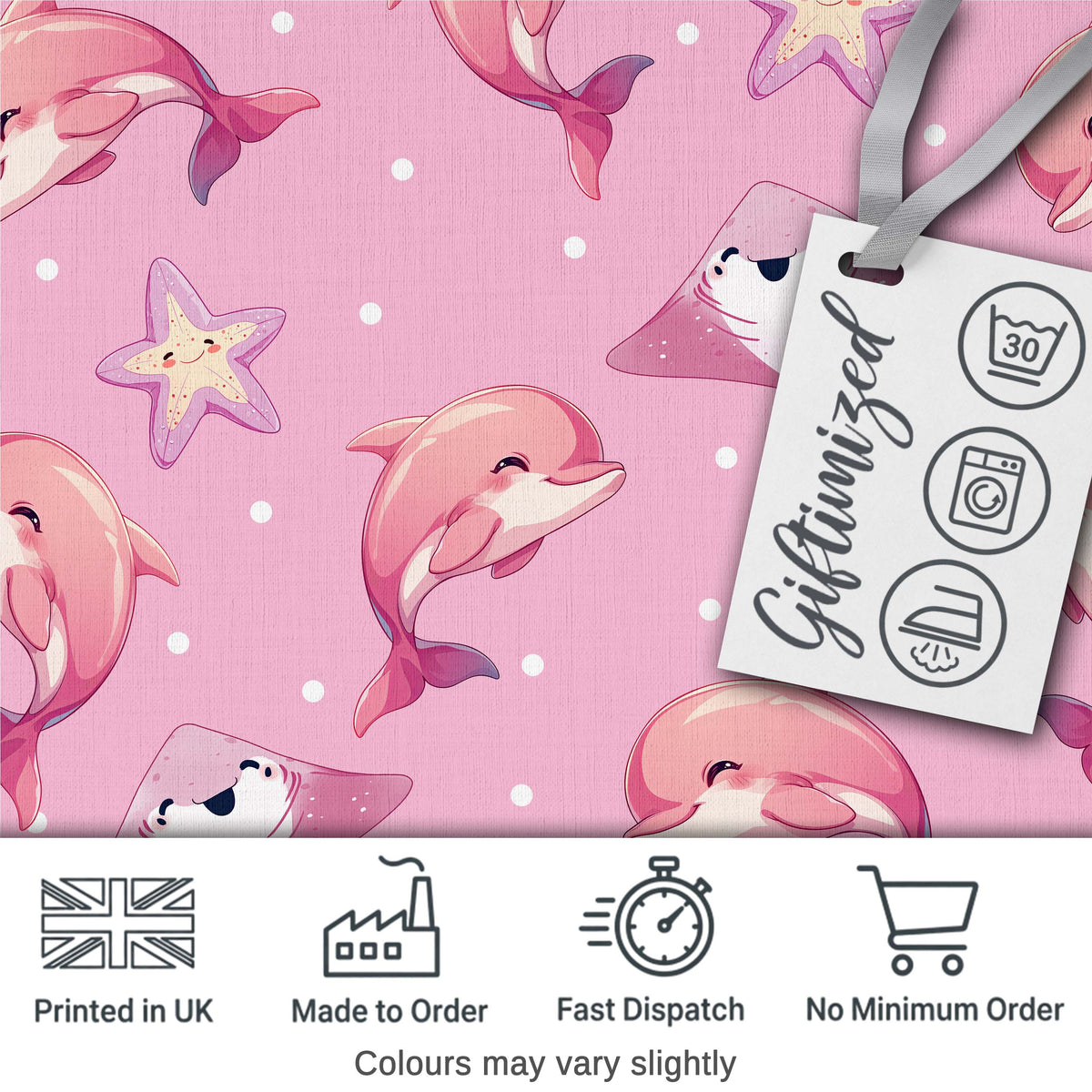Pink Dolphin Stingray Starfish Ocean Creatures Light Pink Polka Dot Background Digital Print Fabric by the Metre UK Sewing Quilting Textile