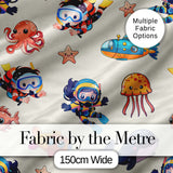 Kids Scuba Divers Submarine Jellyfish Ocean Animals Cream Background   Digital Print Fabric by the Metre UK Sewing Quilting Textile