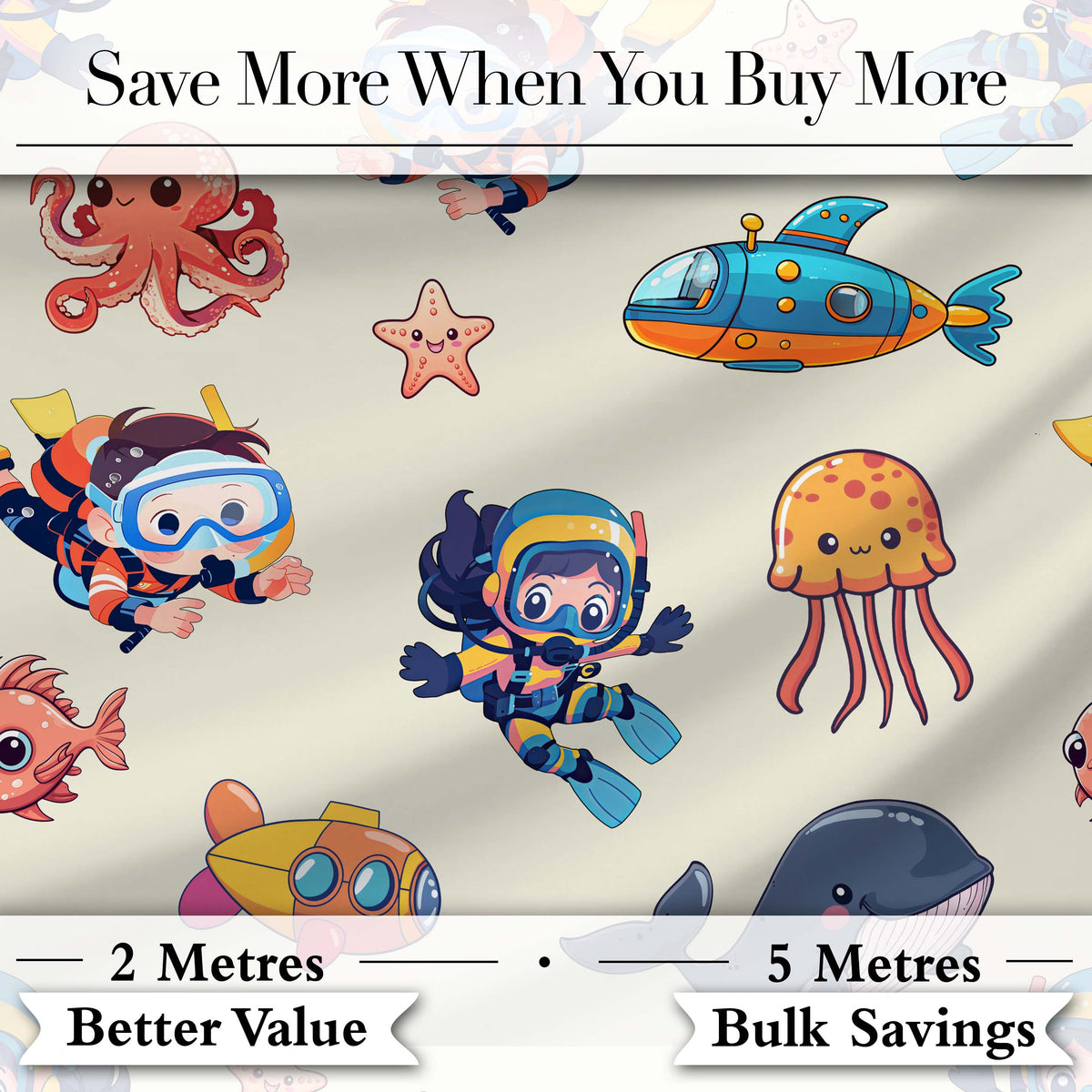 Kids Scuba Divers Submarine Jellyfish Ocean Animals Cream Background   Digital Print Fabric by the Metre UK Sewing Quilting Textile