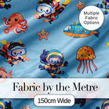 Kids Scuba Divers Submarine Jellyfish Ocean Animals Blue Background   Digital Print Fabric by the Metre UK Sewing Quilting Textile