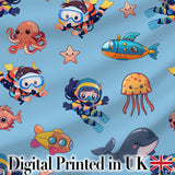 Kids Scuba Divers Submarine Jellyfish Ocean Animals Blue Background   Digital Print Fabric by the Metre UK Sewing Quilting Textile