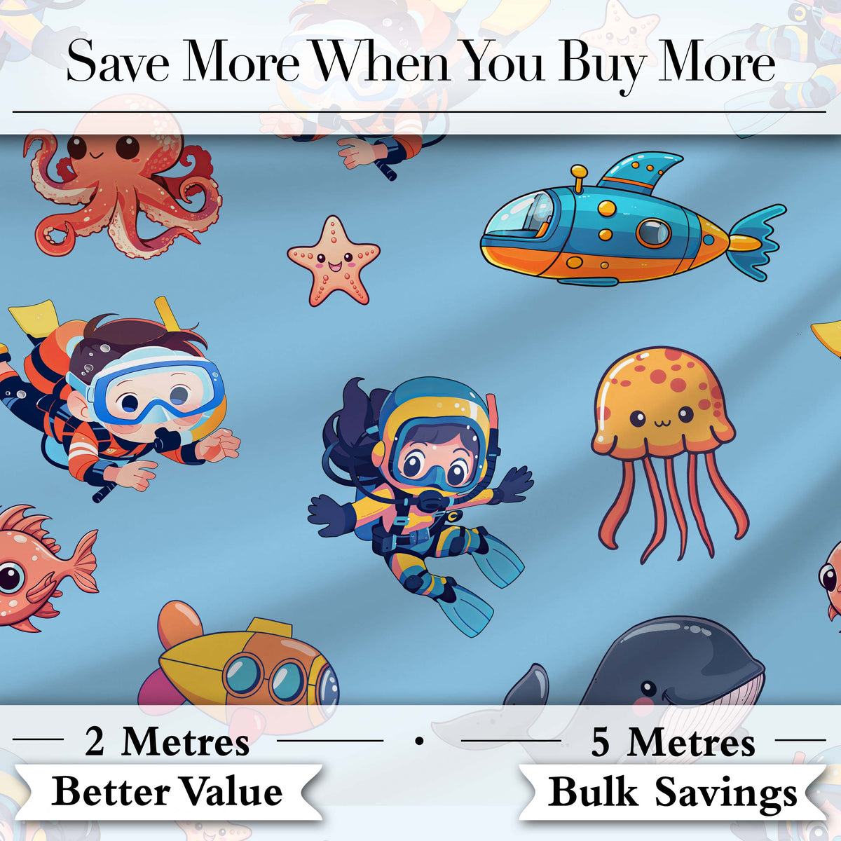 Kids Scuba Divers Submarine Jellyfish Ocean Animals Blue Background   Digital Print Fabric by the Metre UK Sewing Quilting Textile