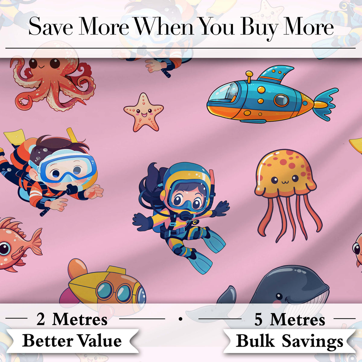 Kids Scuba Divers Submarine Jellyfish Ocean Animals Rose Pink Background   Digital Print Fabric by the Metre UK Sewing Quilting Textile