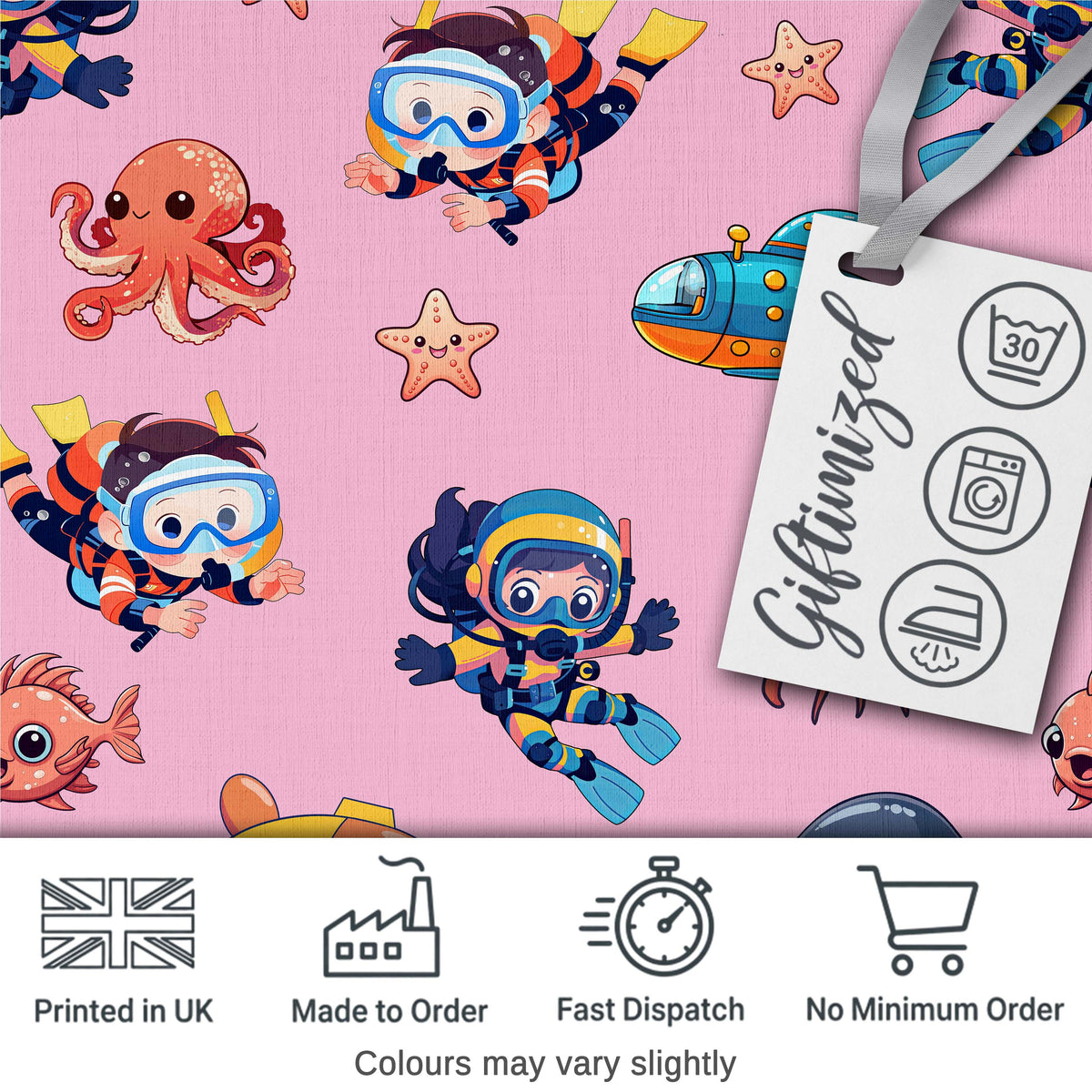 Kids Scuba Divers Submarine Jellyfish Ocean Animals Rose Pink Background   Digital Print Fabric by the Metre UK Sewing Quilting Textile