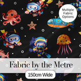 Kid Scuba Diver Submarine Jellyfish Ocean Animals Deep Black Bubble Background Digital Print Fabric by the Metre UK Sewing Quilting Textile