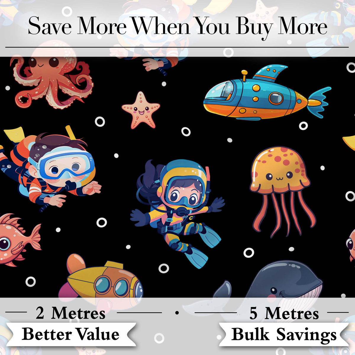 Kid Scuba Diver Submarine Jellyfish Ocean Animals Deep Black Bubble Background Digital Print Fabric by the Metre UK Sewing Quilting Textile