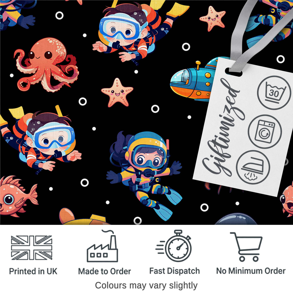 Kid Scuba Diver Submarine Jellyfish Ocean Animals Deep Black Bubble Background Digital Print Fabric by the Metre UK Sewing Quilting Textile