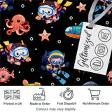 Kid Scuba Diver Submarine Jellyfish Ocean Animals Deep Black Bubble Background Digital Print Fabric by the Metre UK Sewing Quilting Textile