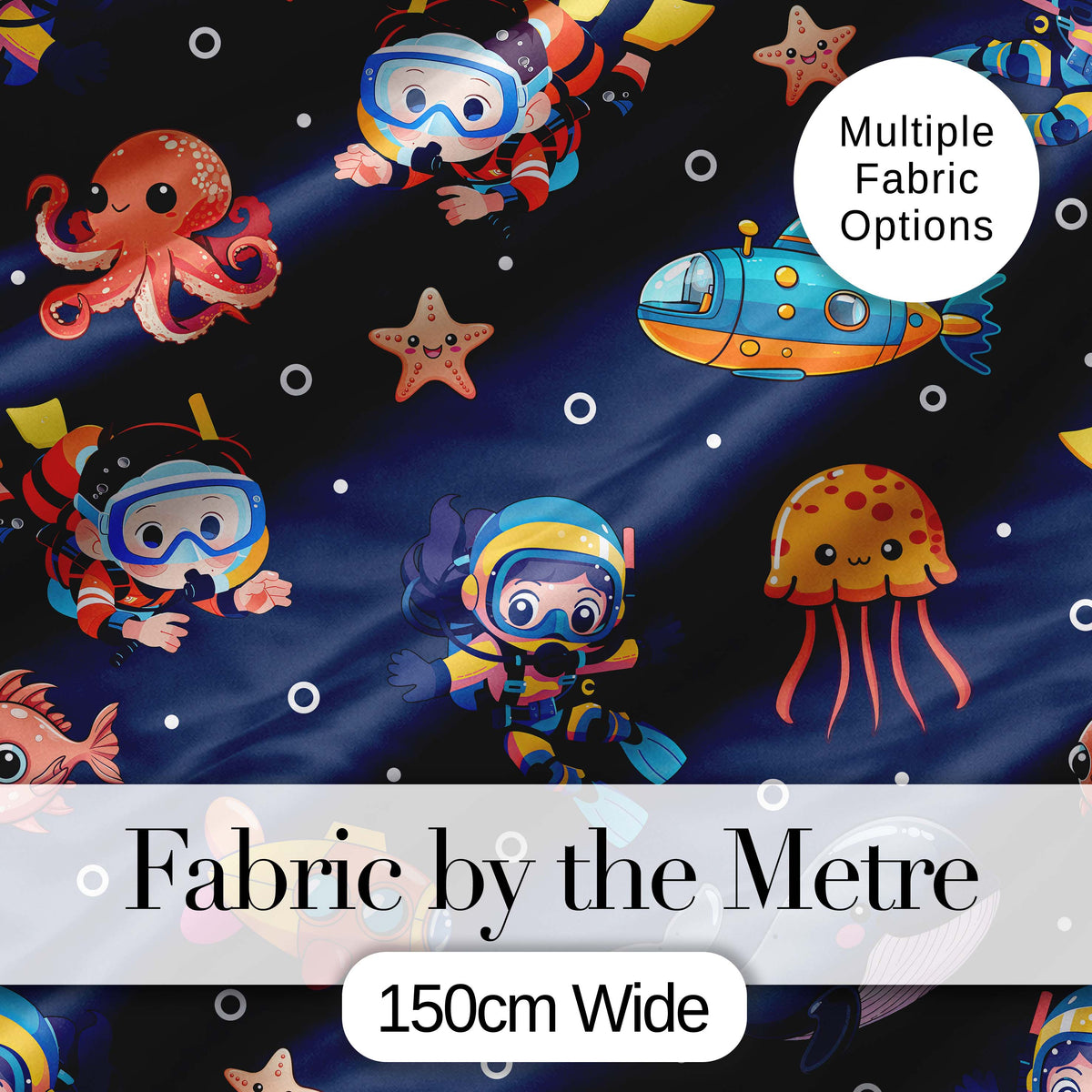 Kid Scuba Diver Submarine Jellyfish Ocean Animals Navy Blue Bubble Background Digital Print Fabric by the Metre UK Sewing Quilting Textile