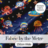 Kid Scuba Diver Submarine Jellyfish Ocean Animals Navy Blue Bubble Background Digital Print Fabric by the Metre UK Sewing Quilting Textile