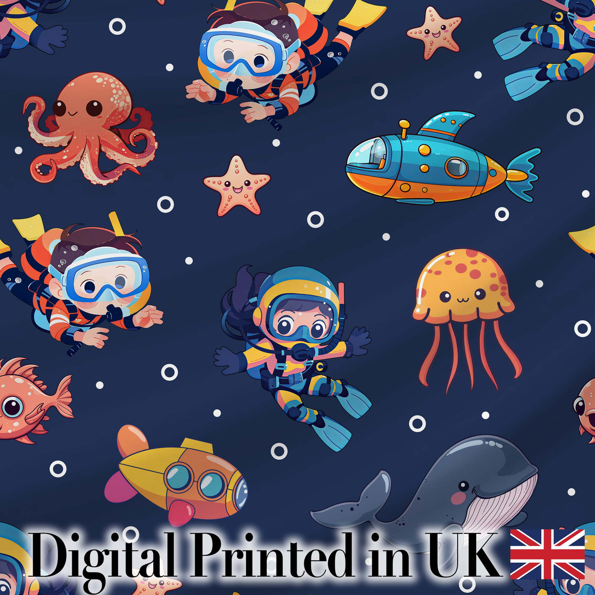 Kid Scuba Diver Submarine Jellyfish Ocean Animals Navy Blue Bubble Background Digital Print Fabric by the Metre UK Sewing Quilting Textile