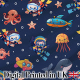 Kid Scuba Diver Submarine Jellyfish Ocean Animals Navy Blue Bubble Background Digital Print Fabric by the Metre UK Sewing Quilting Textile