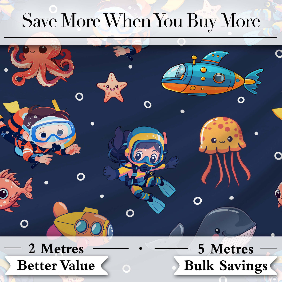 Kid Scuba Diver Submarine Jellyfish Ocean Animals Navy Blue Bubble Background Digital Print Fabric by the Metre UK Sewing Quilting Textile