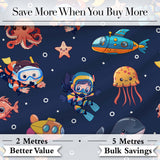 Kid Scuba Diver Submarine Jellyfish Ocean Animals Navy Blue Bubble Background Digital Print Fabric by the Metre UK Sewing Quilting Textile