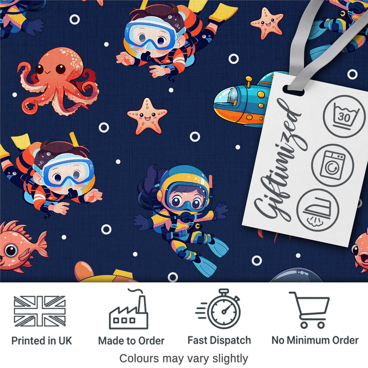 Kid Scuba Diver Submarine Jellyfish Ocean Animals Navy Blue Bubble Background Digital Print Fabric by the Metre UK Sewing Quilting Textile