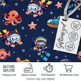 Kid Scuba Diver Submarine Jellyfish Ocean Animals Navy Blue Bubble Background Digital Print Fabric by the Metre UK Sewing Quilting Textile