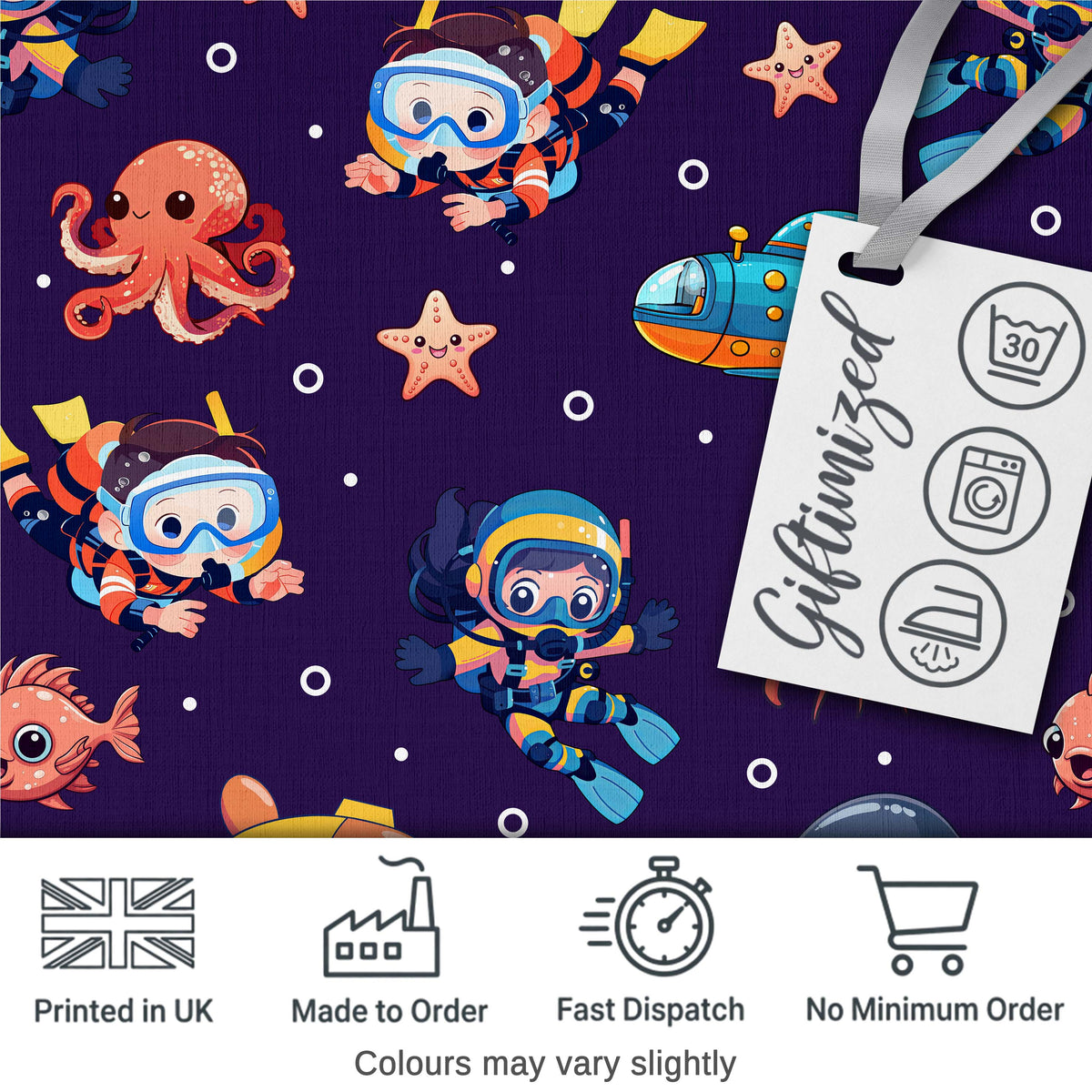 Kid Scuba Diver Submarine Jellyfish Ocean Animal Purple Bubble Background Digital Print Fabric by the Metre UK Sewing Quilting Textile