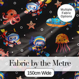 Kid Scuba Diver Submarine Jellyfish Ocean Animal Charcoal Bubble Background Digital Print Fabric by the Metre UK Sewing Quilting Textile