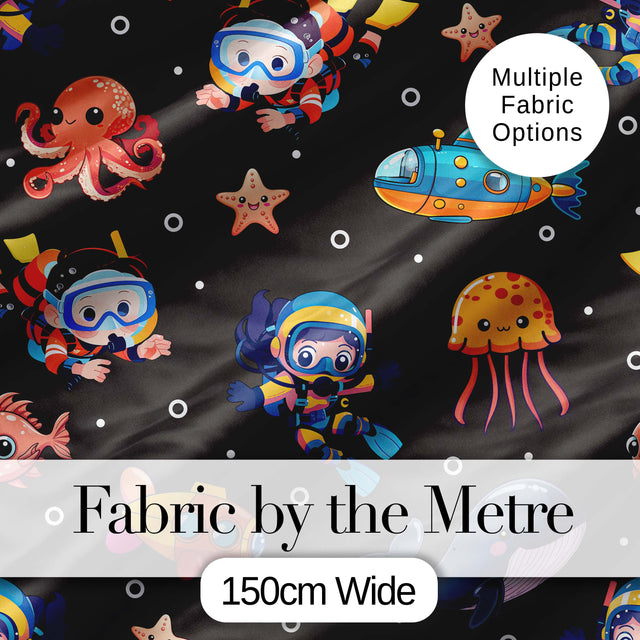 Kid Scuba Diver Submarine Jellyfish Ocean Animal Charcoal Bubble Background Digital Print Fabric by the Metre UK Sewing Quilting Textile