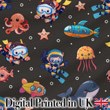 Kid Scuba Diver Submarine Jellyfish Ocean Animal Charcoal Bubble Background Digital Print Fabric by the Metre UK Sewing Quilting Textile