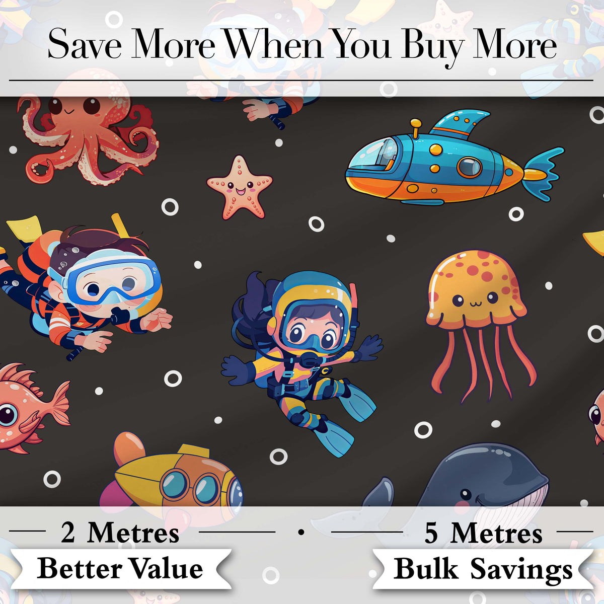 Kid Scuba Diver Submarine Jellyfish Ocean Animal Charcoal Bubble Background Digital Print Fabric by the Metre UK Sewing Quilting Textile