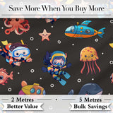 Kid Scuba Diver Submarine Jellyfish Ocean Animal Charcoal Bubble Background Digital Print Fabric by the Metre UK Sewing Quilting Textile