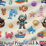 Cartoon Sea Animals Diver Dolphin Shark Crab Boat Lighthouse Cream Background Digital Print Fabric by the Metre UK Sewing Quilting Textile