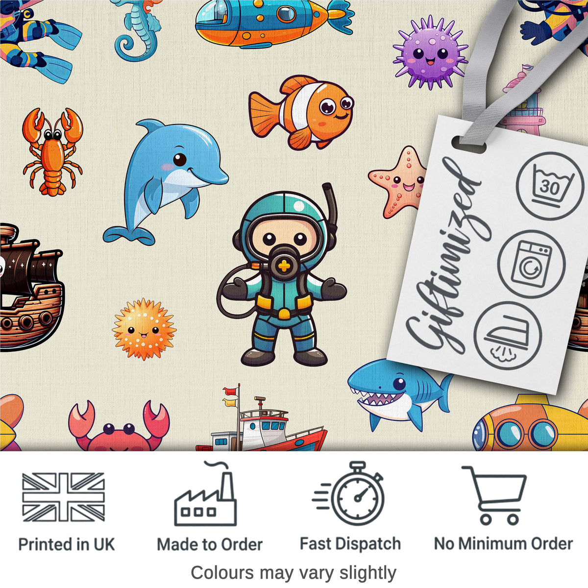 Cartoon Sea Animals Diver Dolphin Shark Crab Boat Lighthouse Cream Background Digital Print Fabric by the Metre UK Sewing Quilting Textile