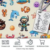 Cartoon Sea Animals Diver Dolphin Shark Crab Boat Lighthouse Cream Background Digital Print Fabric by the Metre UK Sewing Quilting Textile