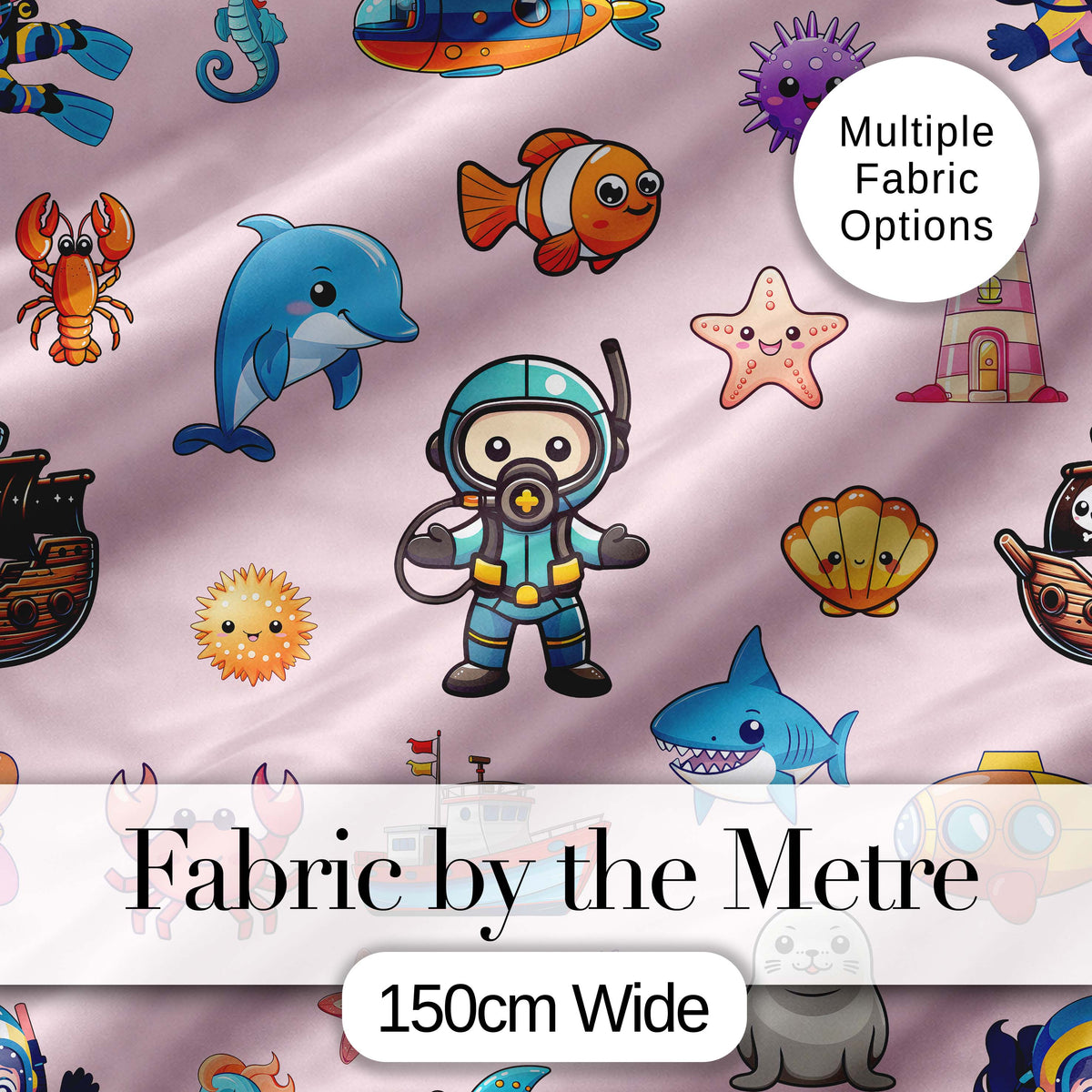 Cartoon Sea Animal Diver Dolphin Shark Boat Lighthouse Soft Pink Background Digital Print Fabric by the Metre UK Sewing Quilting Textile