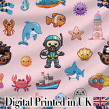Cartoon Sea Animal Diver Dolphin Shark Boat Lighthouse Soft Pink Background Digital Print Fabric by the Metre UK Sewing Quilting Textile