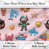 Cartoon Sea Animal Diver Dolphin Shark Boat Lighthouse Soft Pink Background Digital Print Fabric by the Metre UK Sewing Quilting Textile