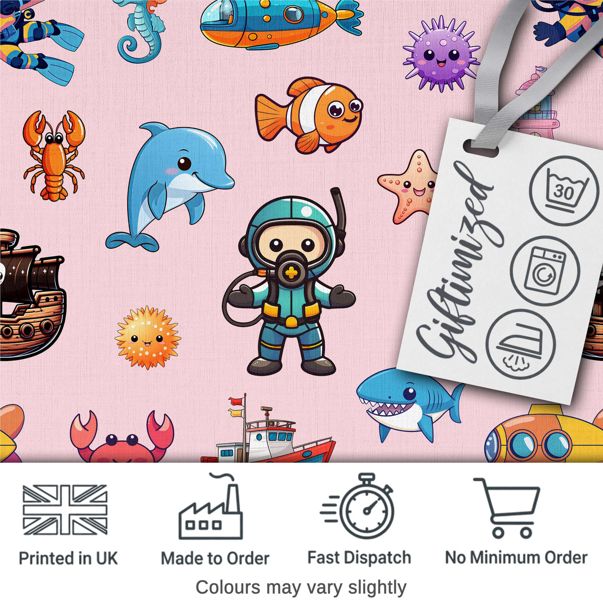 Cartoon Sea Animal Diver Dolphin Shark Boat Lighthouse Soft Pink Background Digital Print Fabric by the Metre UK Sewing Quilting Textile