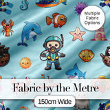 Cartoon Sea Animals Diver Dolphin Shark Boat Lighthouse Light Blue Background Digital Print Fabric by the Metre UK Sewing Quilting Textile