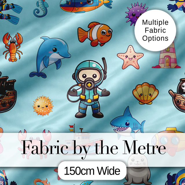 Cartoon Sea Animals Diver Dolphin Shark Boat Lighthouse Light Blue Background Digital Print Fabric by the Metre UK Sewing Quilting Textile