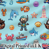 Cartoon Sea Animals Diver Dolphin Shark Boat Lighthouse Light Blue Background Digital Print Fabric by the Metre UK Sewing Quilting Textile
