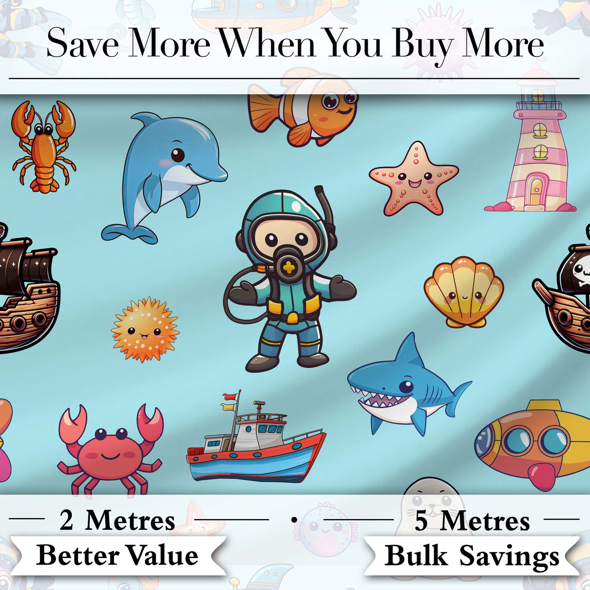 Cartoon Sea Animals Diver Dolphin Shark Boat Lighthouse Light Blue Background Digital Print Fabric by the Metre UK Sewing Quilting Textile