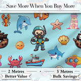 Cartoon Sea Animals Diver Dolphin Shark Boat Lighthouse Light Blue Background Digital Print Fabric by the Metre UK Sewing Quilting Textile