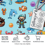 Cartoon Sea Animals Diver Dolphin Shark Boat Lighthouse Light Blue Background Digital Print Fabric by the Metre UK Sewing Quilting Textile