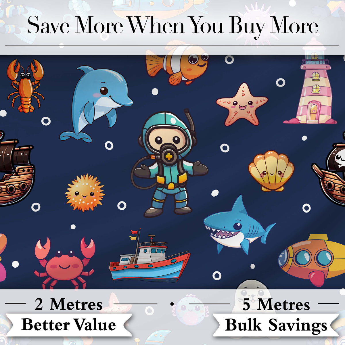Cartoon Sea Animals Diver Dolphin Shark Crab Boat Navy Blue Bubble Background  Digital Print Fabric by the Metre UK Sewing Quilting Textile
