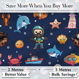 Cartoon Sea Animals Diver Dolphin Shark Crab Boat Navy Blue Bubble Background  Digital Print Fabric by the Metre UK Sewing Quilting Textile