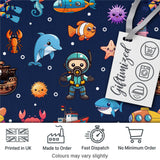 Cartoon Sea Animals Diver Dolphin Shark Crab Boat Navy Blue Bubble Background  Digital Print Fabric by the Metre UK Sewing Quilting Textile