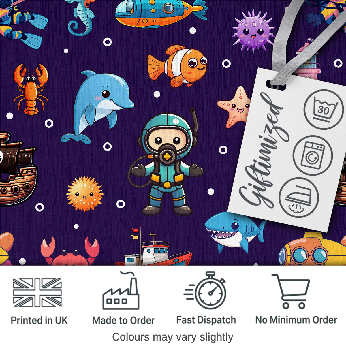Cartoon Sea Animals Diver Dolphin Shark Crab Boat Purple Bubble Background Digital Print Fabric by the Metre UK Sewing Quilting Textile