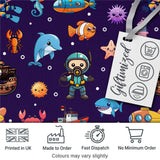 Cartoon Sea Animals Diver Dolphin Shark Crab Boat Purple Bubble Background Digital Print Fabric by the Metre UK Sewing Quilting Textile