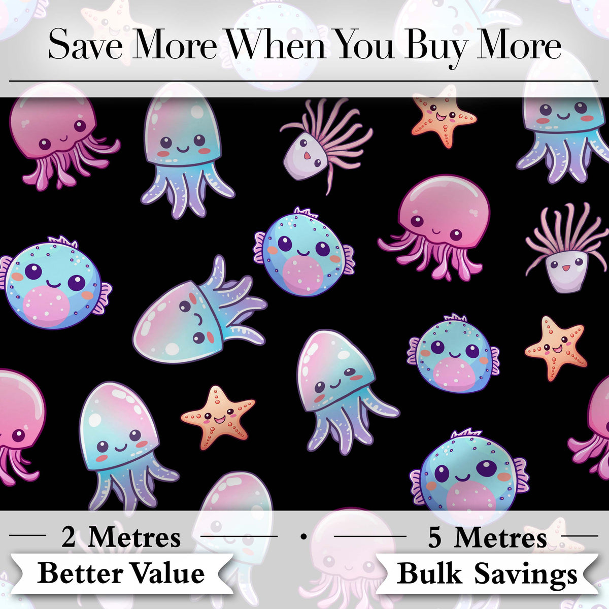 Kawaii Jellyfish Puffer Fish Starfish Pastel Ocean Creatures Black Background Digital Print Fabric by the Metre UK Sewing Quilting Textile