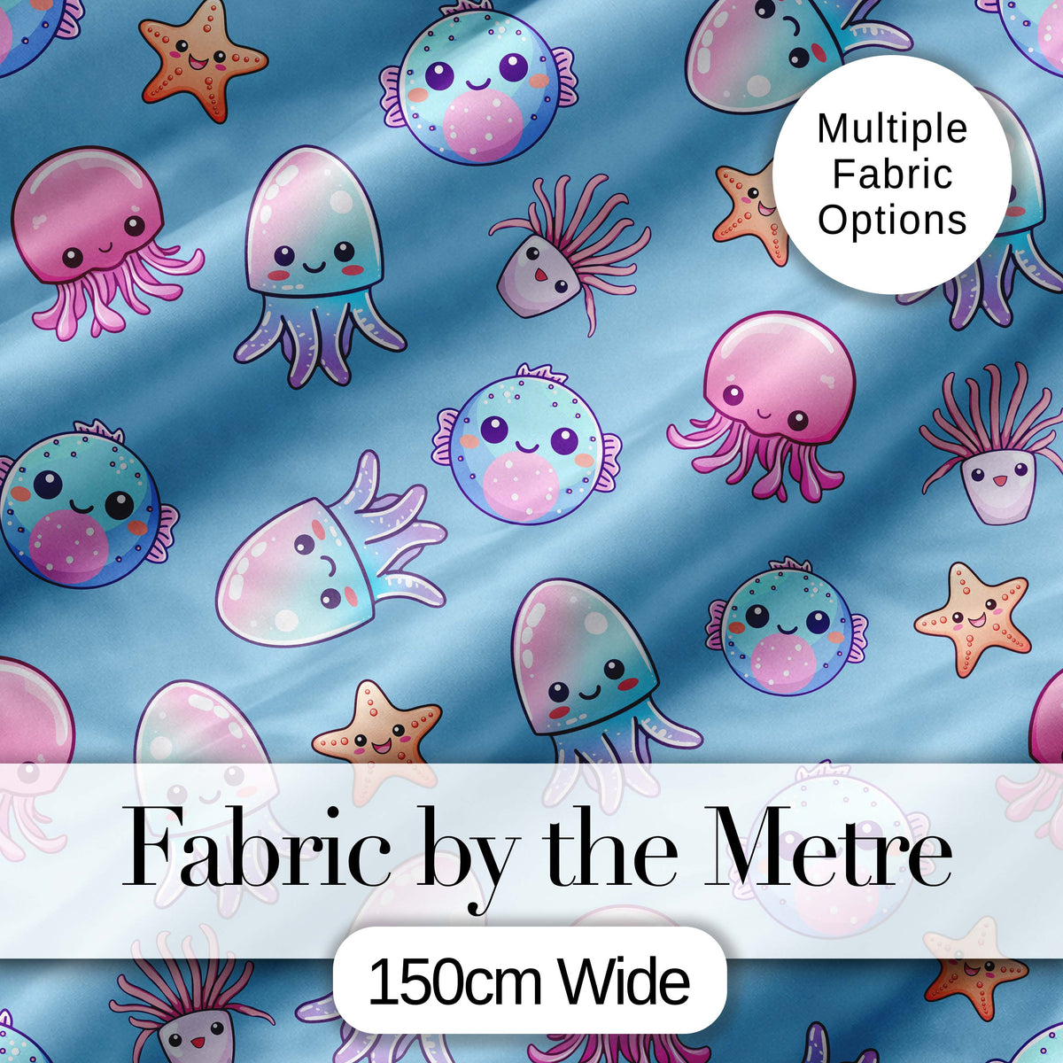 Kawaii Jellyfish Puffer Fish Starfish Pastel Ocean Creatures Blue Background   Digital Print Fabric by the Metre UK Sewing Quilting Textile