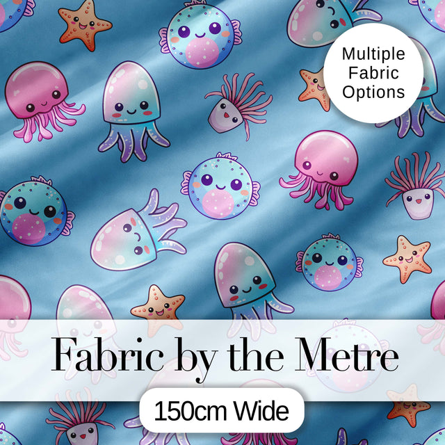 Kawaii Jellyfish Puffer Fish Starfish Pastel Ocean Creatures Blue Background   Digital Print Fabric by the Metre UK Sewing Quilting Textile