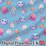 Kawaii Jellyfish Puffer Fish Starfish Pastel Ocean Creatures Blue Background   Digital Print Fabric by the Metre UK Sewing Quilting Textile