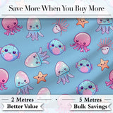 Kawaii Jellyfish Puffer Fish Starfish Pastel Ocean Creatures Blue Background   Digital Print Fabric by the Metre UK Sewing Quilting Textile